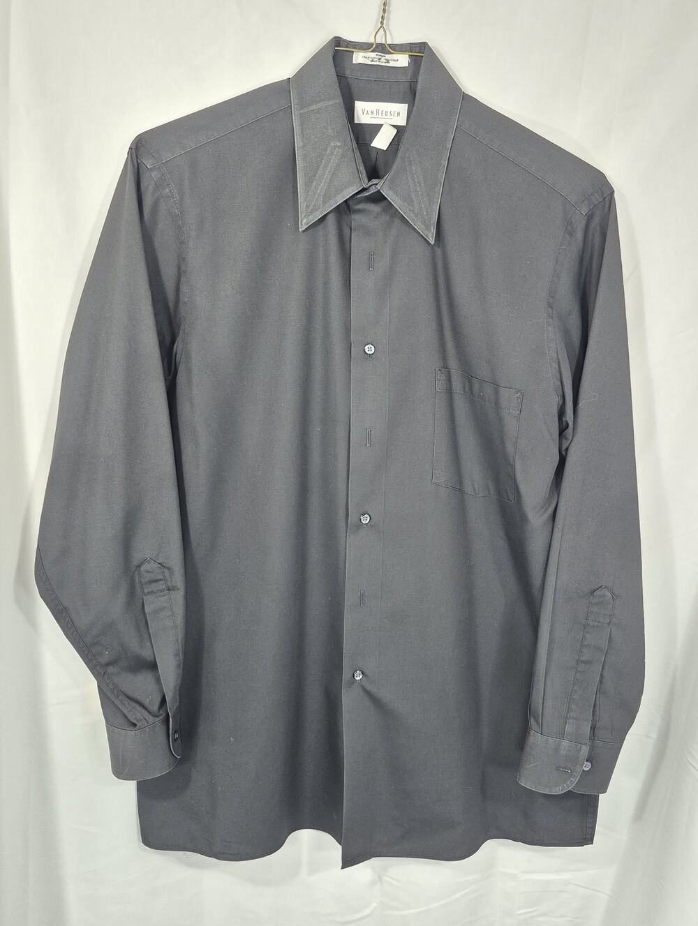 Van Heusen Mens Black Wrinkle Free Dress Shirt L Large 16 32 33 Poplin Button Up